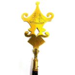 A WEST COUNTRY FRIENDLY SOCIETY BRASS POLE HEAD engraved with a twin-masted sailing ship, 32cm high,