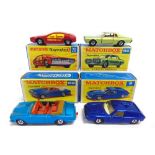 FOUR MATCHBOX 1-75 SERIES DIECAST MODEL CARS comprising a No.5, Lotus Europa, metallic blue,