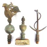 THREE WEST COUNTRY FRIENDLY SOCIETY BRASS POLE HEADS comprising one of simple turned form, 12.5cm