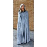 A BIBA SILVER-GREY VELVET EFFECT FULL-LENGTH HOODED CAPE circa 1970s, with a single button neck