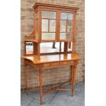 SATINWOOD FRAMED DISPLAY CABINET, the upper section having a cornice above a central cabinet the