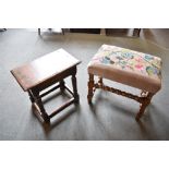 AN OAK JOINT STOOL, H 45cm x W 46.5cm x D 28cm, together with a mahogany framed upholstered stool, H