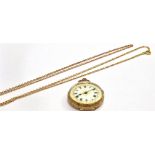 A LADIES ROSE GOLD CASED POCKET WATCH with a white enamel dial, outer rim and centre in gilt