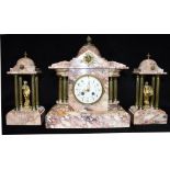 A VICTORIAN MARBLE CLOCK GARNITURE the enamel dial with Arabic numerals and floral decoration,