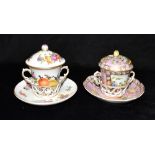 TWO CONTINENTAL HARD PASTE TREMBLEUSE LIDDED CUPS AND SAUCERS one decorated wtih courting couples,