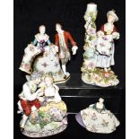 FOUR CONTINENTAL HARD PASTE PORCELAIN GROUPS the largest a Sitzendorf figural lamp base 23.5cm