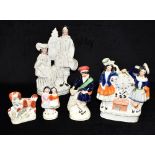 FIVE VICTORIAN STAFFORDSHIRE FLATBACK FIGURES the largest 27cm high