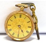 A YELLOW METAL OPEN FACED POCKET WATCH marked 14KT to the crown, gilt dial with central floral