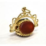 A MARKED 375 GOLD HARDSTONE FOB PIECE for pendant or charm, measuring approx. 1.6cm long and 2cm