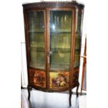 A VERNIS MARTIN STYLE BOWFRONTED DISPLAY CABINET, the top having a brass galleried back, with