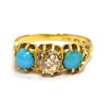 AN 18CT GOLD EUROPEAN DIAMOND AND TURQUOISE SET DRESS RING The central European diamond measuring