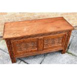 AN OAK COFFER, with a two panelled front and with carved decoration to the front and the sides. H