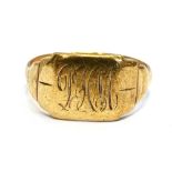 A 9CT GOLD SIGNET RING size T ½, approx weight 4.9grams