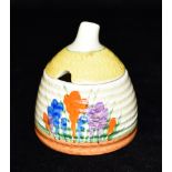 A CLARICE CLIFF WILKINSON 'CROCUS' PATTERN HONEY POT AND COVER 8mc high Condition Report : grubby,