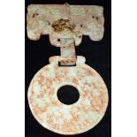 A CHINESE ARCHAIC STYLE JADE THREE SECTION CARVING of an interlocking bi disc and pendant, 26.5cm