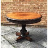 A CIRCULAR OAK TABLE, 89cm diameter, the edge and sides carved with floral decoration, with a
