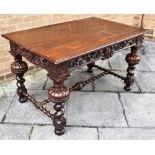 AN OAK TABLE, of rectangular form the top having a moulded decoration to the edges above a