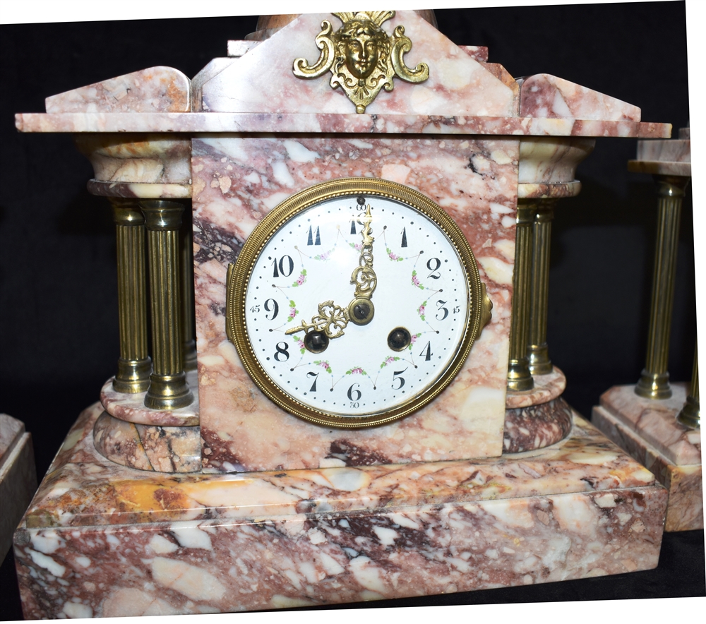 A VICTORIAN MARBLE CLOCK GARNITURE the enamel dial with Arabic numerals and floral decoration, - Bild 2 aus 4