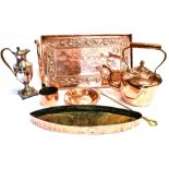 A MIXED COLLECTION OF METALWARE including a Keswick School of Industrial Art copper tray with