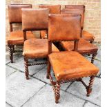 SET OF SIX OAK FRAMED LEATHER WITH BRASS STUD DINING CHAIRS, H 98cm