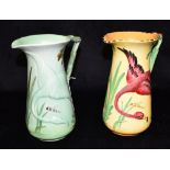 TWO BURLEIGH WARE JUGS decorated with flamingoes, 24cm high