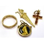A COLLECTION OF JEWELLERY To include a marked 14KT yellow and white metal sword and scabbard pendant