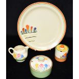 A CLARICE CLIFF BIZARRE 'CROCUS' PATTERN PLATE 27cm diameter, together with a preserve pot in the