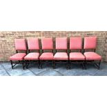SET OF SIX EBONISED DINING CHAIRS in pink upholstery with green tree decoration, H 101cm Condition