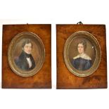 A PAIR OF 19TH CENTURY OVAL PORTRAIT MINATURES of a lady and gentleman, oil on card, indistinctly