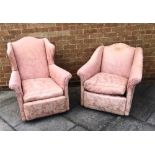 A PINK UPHOLSTERED ARMCHAIR H 101cm x W 84cm x D 81cm, together with another armchair upholstered in