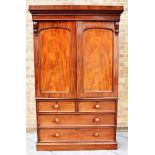 VICTORIAN MAHOGANY LINEN PRESS the moulded cornice above an upper cupboard section, with the twin