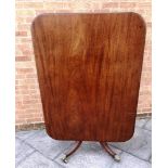 MAHOGANY TILT TOP TABLE of rectangular form raised in a central column with four feet with brass