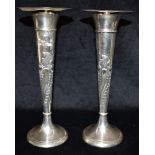 A PAIR OF EDWARDIAN WEIGHTED SILVER TRUMPET VASES With a punched pattern design, hallmarked for