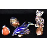 FIVE ROYAL CROWN DERBY IMARI PALETTE PAPERWEIGHTS: a limited edition Lyme Bay Dolphin 19cm long,