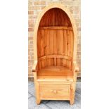 A PINE PORTER'S DOMED CHAIR with drawer to the base, H 148cm x W 62cm x D 61cm