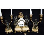 A 19TH CENTURY FRENCH CLOCK GARNITURE the gilt metal mounted clock with twin cherubs, enamel dial