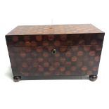 A 19TH PARQUETRY INLAID TEA CADDY, having a circular metal escutcheon, the interior with a central