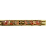 A LEATHER AND WOOLLEN TAPESTRY BELT decorated with flags, 95cm long, framed and glazed, overall 24cm