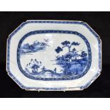 A CHINESE EXPORT OCTAGONAL MEAT PLATE underglaze blue decoration within a diaper border, old painted