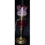 AN EDWARDIAN OIL LAMP CONVERTED TO ELECTRICITY with cranberry glass shade and frilled shade with