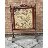 MAHOGANY FRAMED AND FLORAL TAPESTRY FIRE SCREEN H 111cm x W 77.5cm