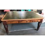 VICTORIAN MAHOGANY LIBRARY TABLE having a dark green leather insert with gilt surround, with three