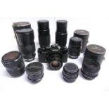 EIGHT CAMERA LENSES comprising a Pentax-A Zoom, 1:4 70-200mm; Pentax-A Zoom 1:3.5-4.5 28-80mm; Asahi