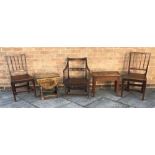 AN OAK RECTANGULAR STOOL H 47cm x W 58cm x D 31cm together with a single oak chair H 74.5, a pair of