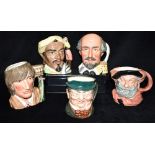 FIVE ROYAL DOULTON CHARACTER JUGS: D6287 'Falstaff', D6670 'Romeo', D6689 'William Shakespeare',