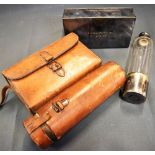 A LEATHER CASED PLATED SPIRIT FLASK AND SANDWICH TIN SET by Merry, St. James's St, London, the tin