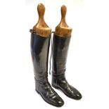 A PAIR OF BLACK LEATHER RIDING BOOTS with trees stamped 'Tom Hill', size 8 (slim)