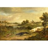 19TH CENTURY SCHOOL Rabbit Pursued by Two Greyhounds Oil on canvas 24cm x 34cm