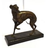 A CAST FIGURE OF A STANDING WHIPPET a front paw raised, on a rectangular base, Ht 16 cm Base 17.5