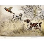 HENRY WILKINSON (1921-2011) Two spaniels flushing out a pheasant Coloured etching Signed in pencil